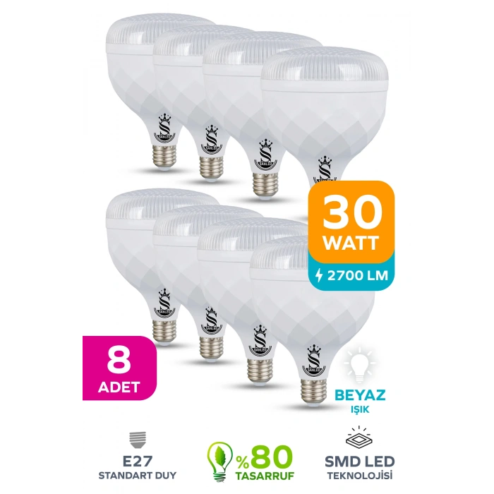 30W KRİSTAL Tasarruflu E27 Beyaz Işık Torch Led Ampul 8 Adet