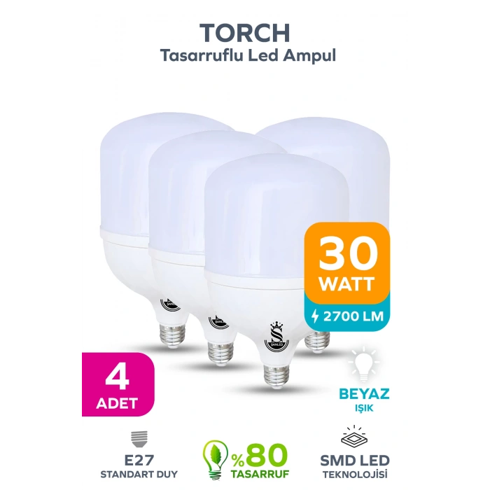 30w Tasarruflu E27 Beyaz Işık Torch Led Ampul 4 Adet