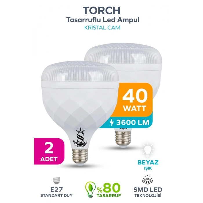 40W KRİSTAL Tasarruflu E27 Beyaz Işık Torch Led Ampul 2 Adet