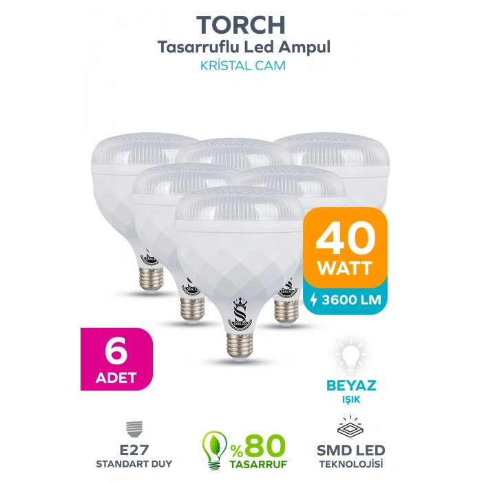 40W KRİSTAL Tasarruflu E27 Beyaz Işık Torch Led Ampul 6 Adet