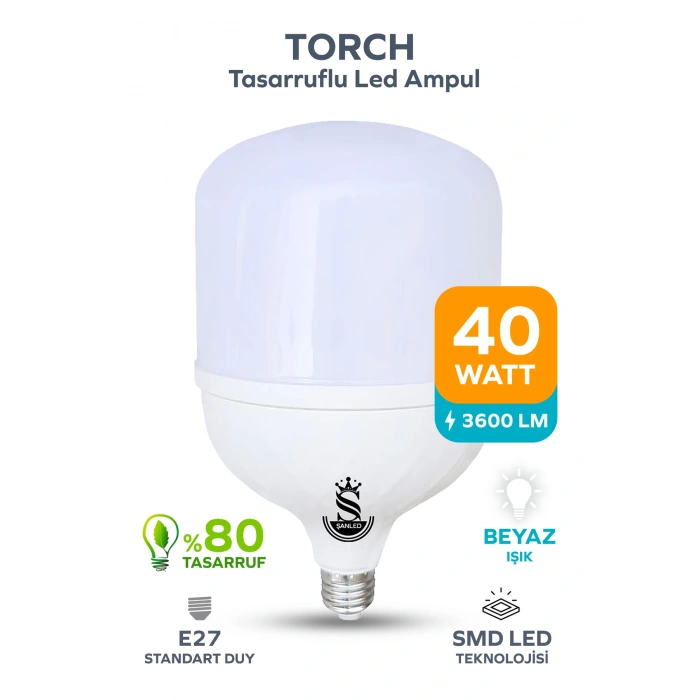 40w Tasarruflu E27 Beyaz Işık Torch Led Ampul 1 Adet