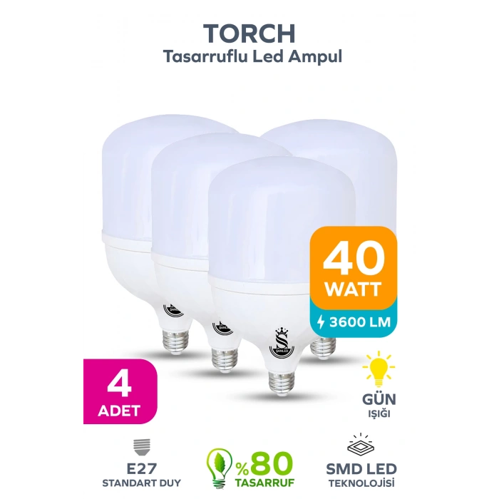 40w Tasarruflu E27 Gün Işığı Torch Led Ampul 4 Adet