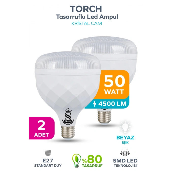 50W KRİSTAL Tasarruflu E27 Beyaz Işık Torch Led Ampul 2 Adet