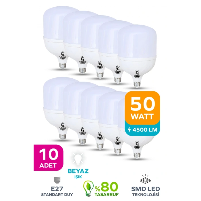 50w Tasarruflu E27 Beyaz Işık Torch Led Ampul 10 Adet