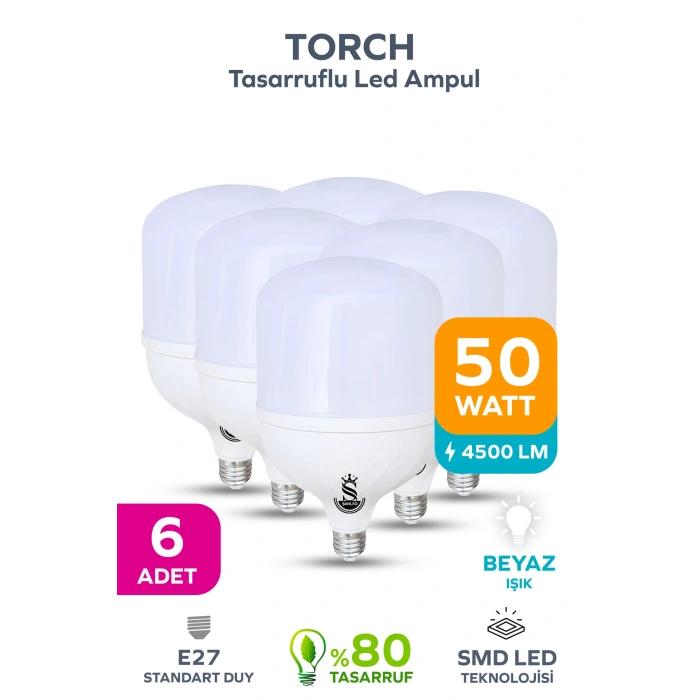 50w Tasarruflu E27 Beyaz Işık Torch Led Ampul 6 Adet