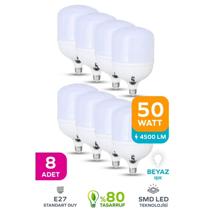 50w Tasarruflu E27 Beyaz Işık Torch Led Ampul 8 Adet
