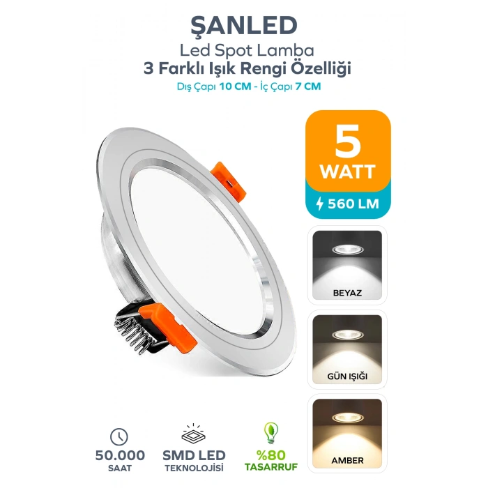 5W 3 Renkli (Beyaz, Gün Işığı, Amber) Beyaz Krom Kasa Led Spot Lamba 1 Adet