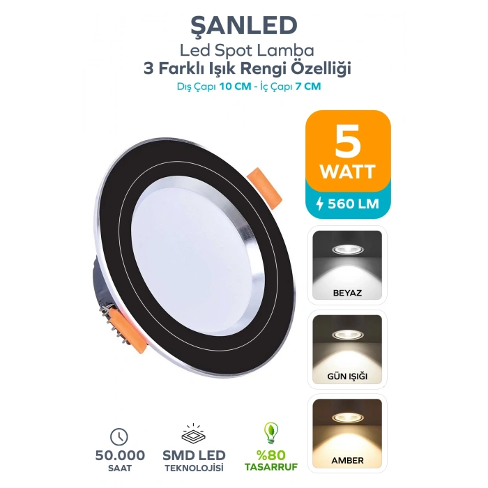5W 3 Renkli ( Beyaz, Gün Işığı, Amber )Siyah Krom Kasa Led Spot Lamba 1 Adet