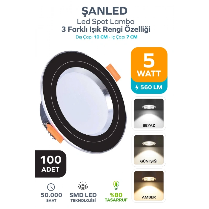 5W 3 Renkli ( Beyaz, Gün Işığı, Amber )Siyah Krom Kasa Led Spot Lamba 100 Adet
