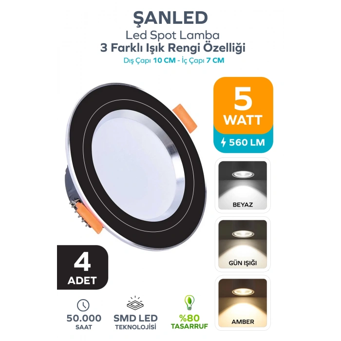 5W 3 Renkli ( Beyaz, Gün Işığı, Amber )Siyah Krom Kasa Led Spot Lamba 4 Adet