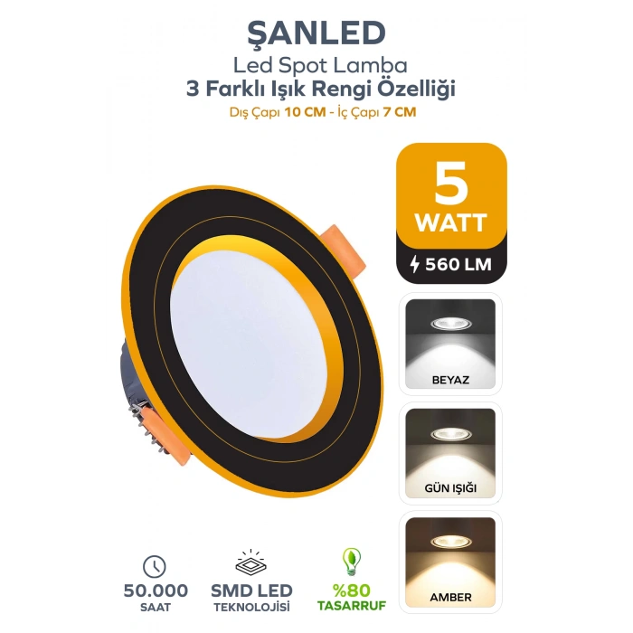 5W 3 Renkli (Beyaz,Günışığı,Amber) Siyah Gold Kasa Led Spot Lamba 1 Adet
