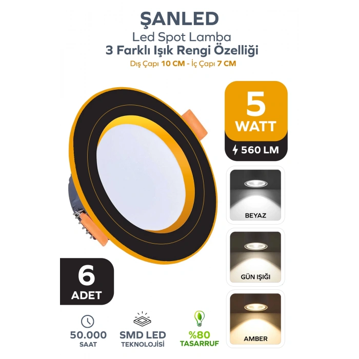 5W 3 Renkli (Beyaz,Günışığı,Amber) Siyah Gold Kasa Led Spot Lamba 6 Adet