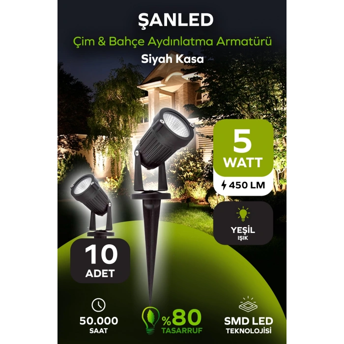 5W YEŞİL IŞIK SİYAH KASA ÇİM BAHÇE AYDINLATMA ARMATÜRÜ 10 Adet