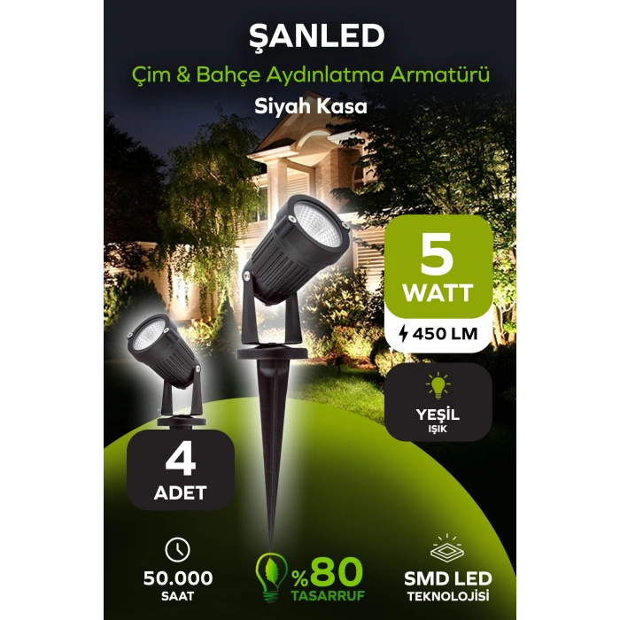 5W YEŞİL IŞIK SİYAH KASA ÇİM BAHÇE AYDINLATMA ARMATÜRÜ 4 Adet