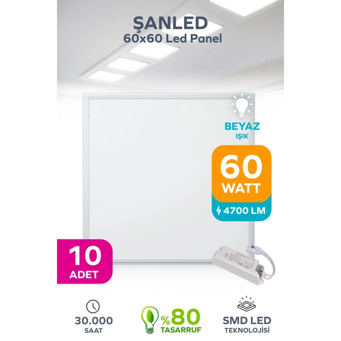 60x60 Led Panel 60w Beyaz Işık 6500 -10 Adettir
