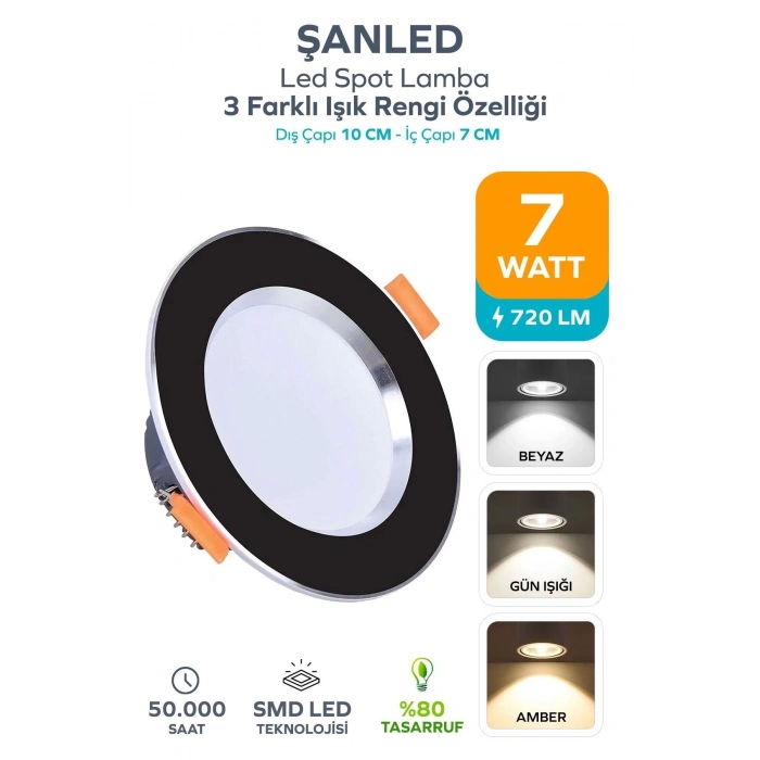 7W 3 Renkli (Beyaz, Gün Işığı, İkisi bir arada) Siyah Krom Led Spot Lamba 1 Adet