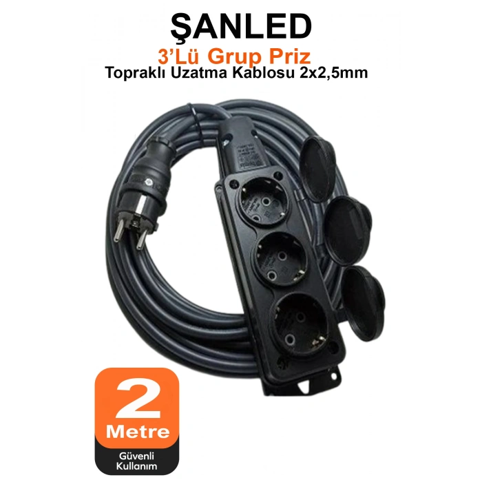 Siyah Kapaklı Grup Priz Topraklı 3lü Seyyar Ara Uzatma Kablosu TTR 2x2,5 mm kablo 2 m