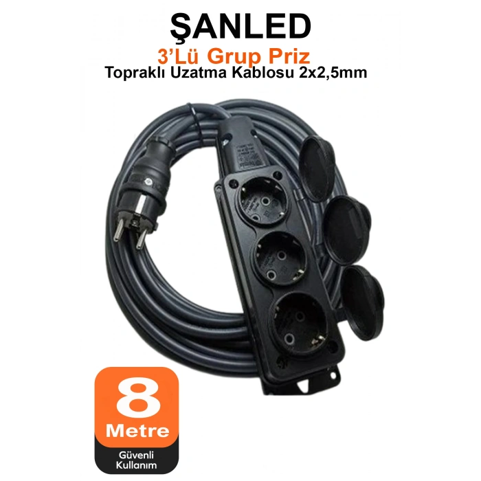 Siyah Kapaklı Grup Priz Topraklı 3lü Seyyar Ara Uzatma Kablosu TTR 2x2,5 mm kablo 8 m