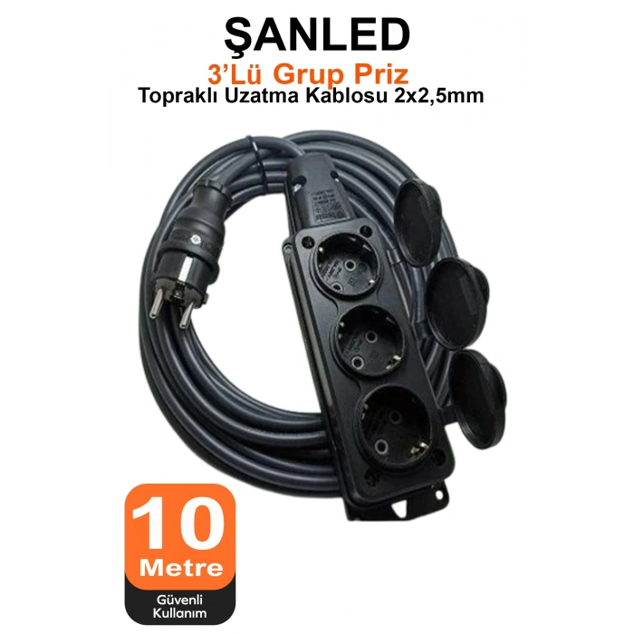 Siyah Kapaklı Grup Priz Topraklı 3lü Seyyar Ara Uzatma Kablosu TTR 2x2,5 mm kablo 10 m