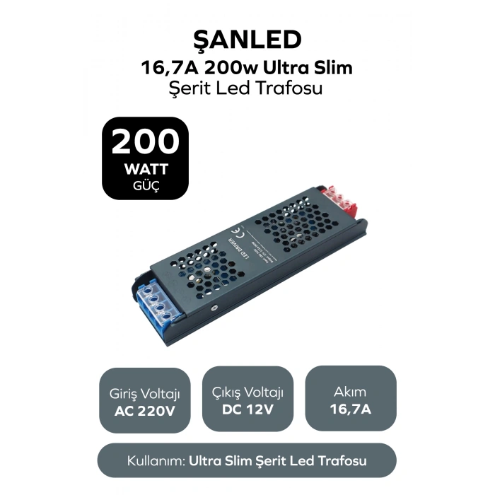 200W 16,7A Ultra Slim Şerit Led Trafosu