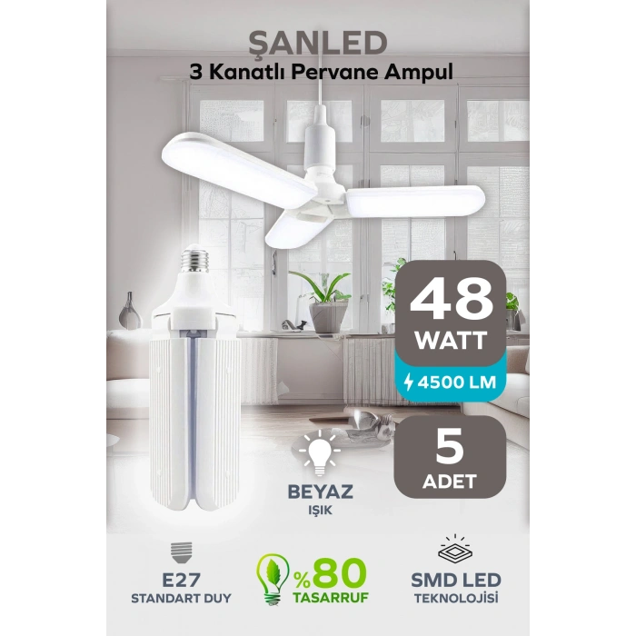 3 Kanatlı Pervane 48W Ampul Beyaz Işık- 5 Adettir