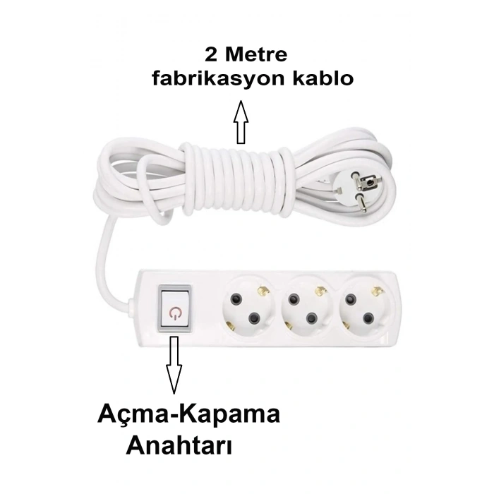 Grup Priz Topraklı 3lü Çoklu Anahtarlı Priz Seyyar Ara Uzatma Kablosu Kablo 2 Metre