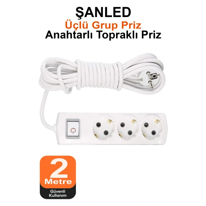 Grup Priz Topraklı 3lü Çoklu Anahtarlı Priz Seyyar Ara Uzatma Kablosu Kablo 2 Metre