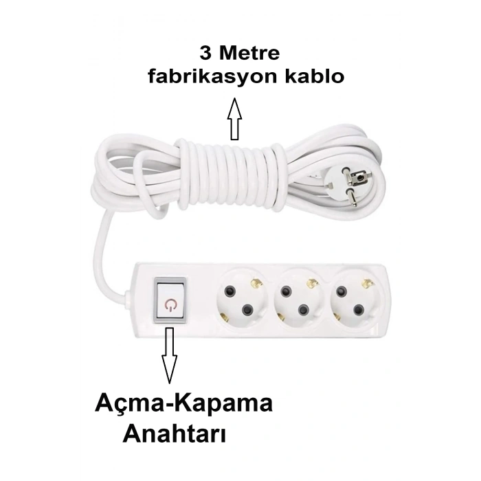 Grup Priz Topraklı 3lü Çoklu Anahtarlı Priz Seyyar Ara Uzatma Kablosu Kablo 3 Metre