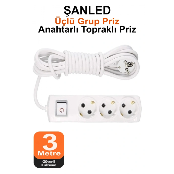 Grup Priz Topraklı 3lü Çoklu Anahtarlı Priz Seyyar Ara Uzatma Kablosu Kablo 3 Metre