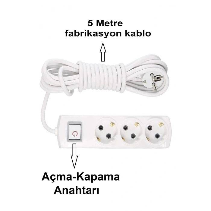 Grup Priz Topraklı 3lü Çoklu Anahtarlı Priz Seyyar Ara Uzatma Kablosu Kablo 5 Metre
