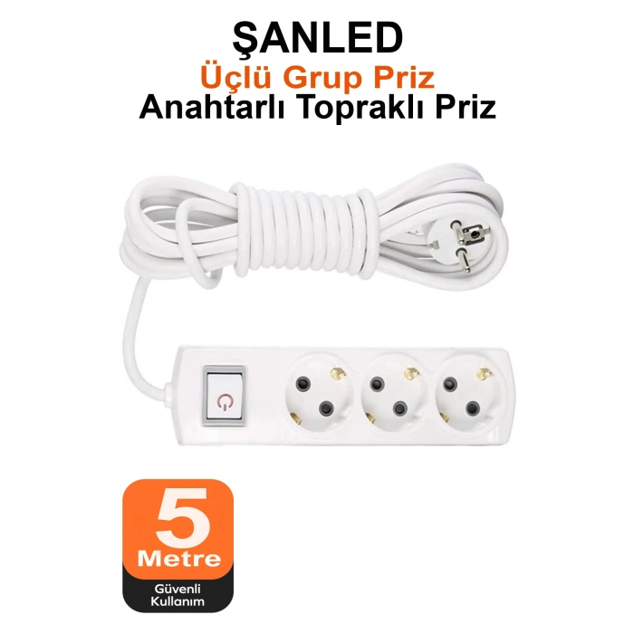 Grup Priz Topraklı 3lü Çoklu Anahtarlı Priz Seyyar Ara Uzatma Kablosu Kablo 5 Metre