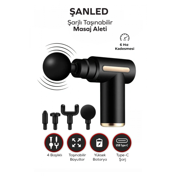 Masaj Tabancası Sporcu Masaj Aleti 4 Başlıklı Şarjlı Titreşimli Sporcu Masaj Tabancası