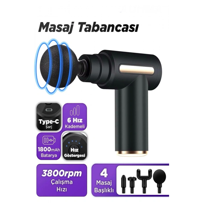 Masaj Tabancası Sporcu Masaj Aleti 4 Başlıklı Şarjlı Titreşimli Sporcu Masaj Tabancası