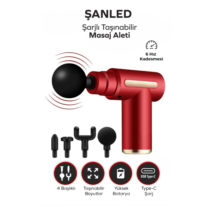 Masaj Tabancası Sporcu Masaj Aleti 4 Başlıklı Şarjlı Titreşimli Sporcu Masaj Tabancası