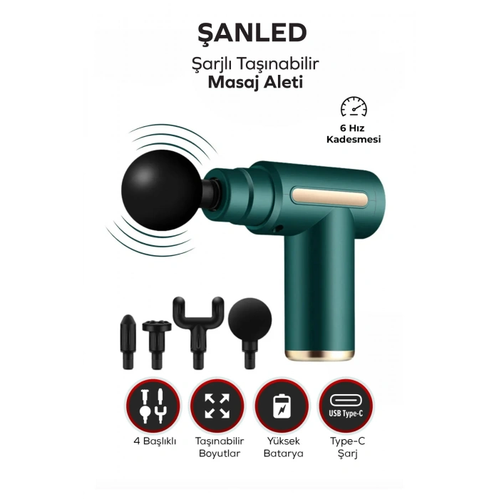 Masaj Tabancası Sporcu Masaj Aleti 4 Başlıklı Şarjlı Titreşimli Sporcu Masaj Tabancası