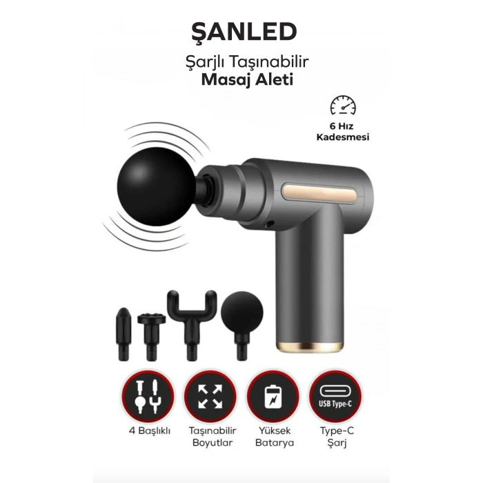 Masaj Tabancası Sporcu Masaj Aleti 4 Başlıklı Şarjlı Titreşimli Sporcu Masaj Tabancası