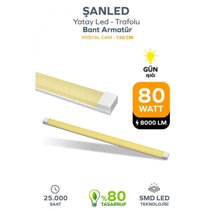 80W 120 Cm KRİSTAL Yatay LED Bant Armatür-Trafolu Gün Işığı 1 Adet