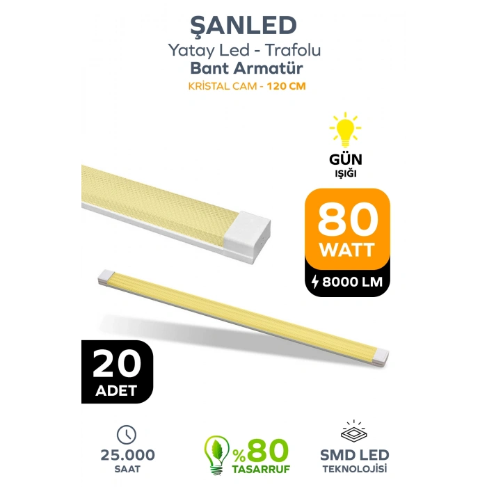 80W 120 Cm KRİSTAL Yatay LED Bant Armatür-Trafolu Gün Işığı 20 Adet