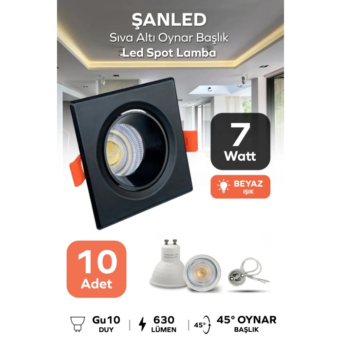 6w Sıva Altı Oynar Başlık Gu10 Siyah Kasa Beyaz Işık Led Spot Lamba 10 Adet