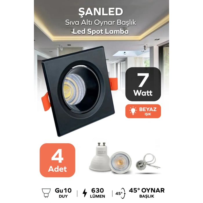 6w Sıva Altı Oynar Başlık Gu10 Siyah Kasa Beyaz Işık Led Spot Lamba 4 Adet