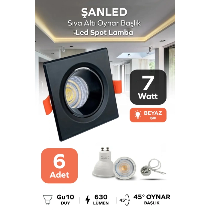 6w Sıva Altı Oynar Başlık Gu10 Siyah Kasa Beyaz Işık Led Spot Lamba 6 Adet