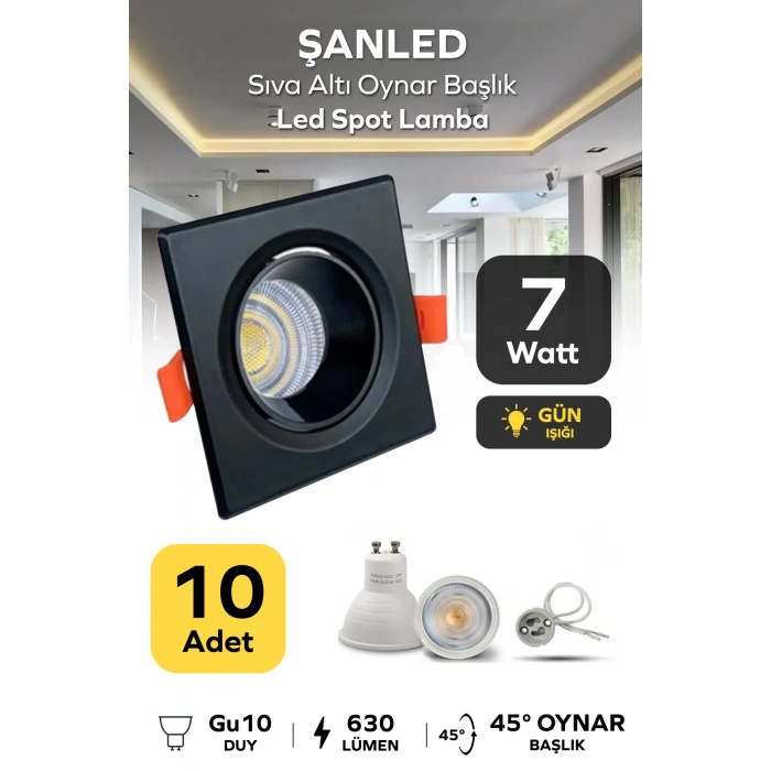 6w Sıva Altı Oynar Başlık Gu10 Siyah Kasa Gün Işığı Led Spot Lamba 10 Adet