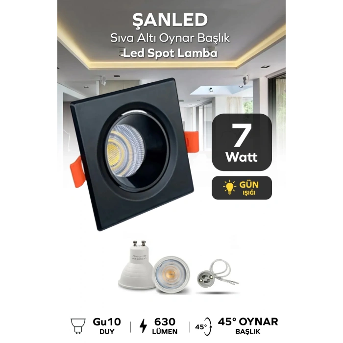 7w Sıva Altı Oynar Başlık Gu10 Siyah Kasa Gün Işığı Led Spot Lamba 1 Adet