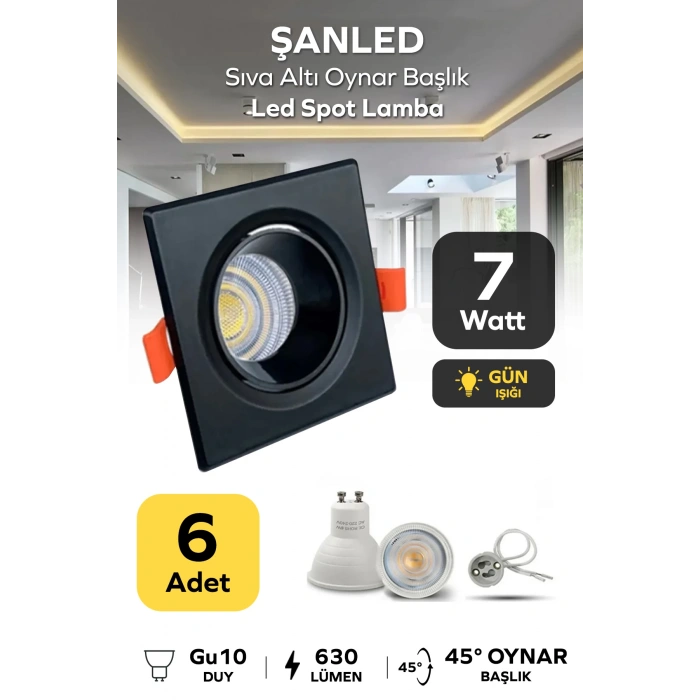 7w Sıva Altı Oynar Başlık Gu10 Siyah Kasa Gün Işığı Led Spot Lamba 6 Adet