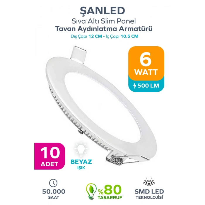 6w Tasarruflu Led Yuvarlak Beyaz Işık Sıva Altı Slim Panel Tavan Aydınlatma Armatürü 10 Adet