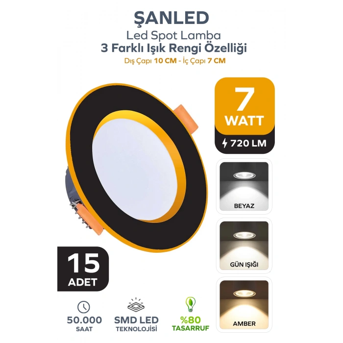 7W 3 Renkli (Beyaz, Gün Işığı, İkisi bir arada) Siyah Gold Led Spot Lamba 15 Adet