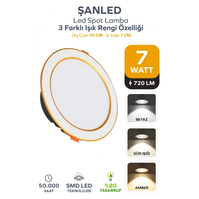 7W 3 Renkli (Beyaz,Gün Işığı,ikisi Bir Arada) Beyaz Gold Led Spot Lamba -1 Adettir