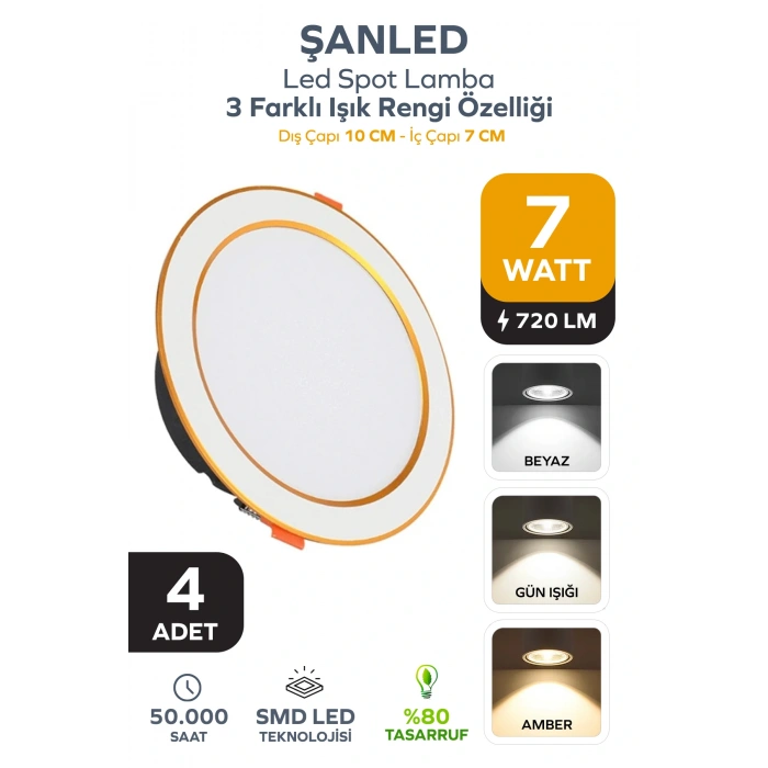 7W 3 Renkli (Beyaz,Gün Işığı,ikisi Bir Arada) Beyaz Gold Led Spot Lamba - 4 Adettir