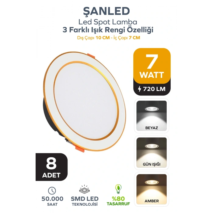 7W 3 Renkli (Beyaz,Gün Işığı,ikisi Bir Arada) Beyaz Gold Led Spot Lamba - 8 Adettir