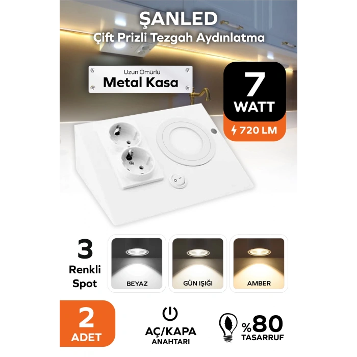 7W 3Renkli Çift Prizli Beyaz Dolap & Tezgah Altı Metal Led Aydınlatma 2 Adet